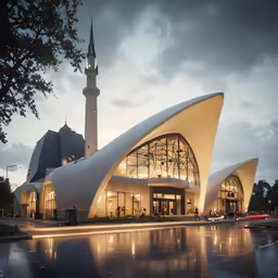 an intricate architectural structure is lit up with lighting in the evening