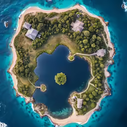 the island is surrounded by smaller blue water and many trees