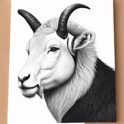 a black and white drawing of a goat