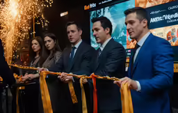 a group of people stand together in front of a wall with fireworks