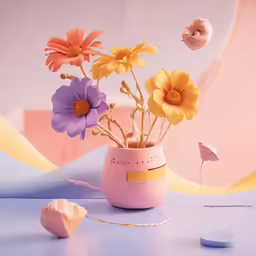 a vase with fake flowers sitting next to small pieces of fabric
