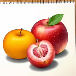 two oranges and a red apple with one cut in half