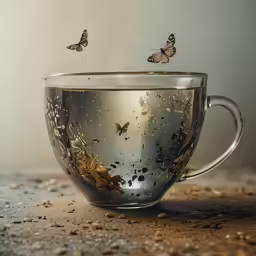 two butterflies on top of an open glass tea cup