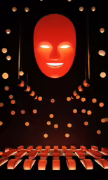 a lighted puppet is shown behind orange bars