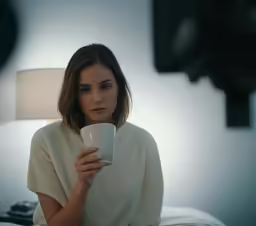 a woman sitting in bed holding a mug