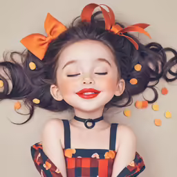 an adorable little girl with orange bow and hair blowing in the air
