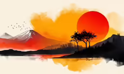 an orange, red and black painting with water