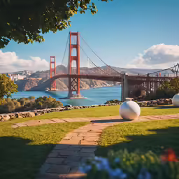the golden gate bridge is next to a garden area