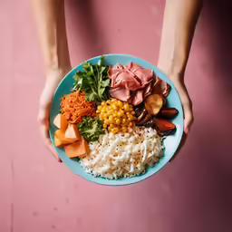 plate of rice with some vegetables in a pink room