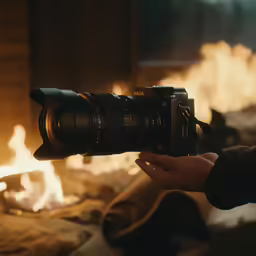 someone holding a camera in front of a fire