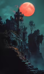 a castle sitting on top of a cliff under a red moon