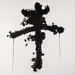 a cross painted black with water droplets on the base