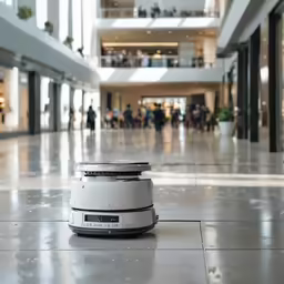 a robotic coffee cup sitting on the floor in an office building