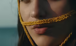 a woman wearing yellow yarn is looking ahead
