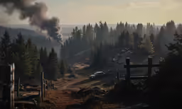 there is a long steam coming from a chimney over a hill