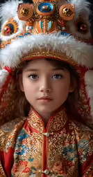 a young girl wearing an elaborate hat with a dragon