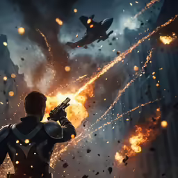 a man with a gun is standing in front of some planes