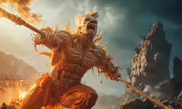 a man with his arms spread, his face and hands outstretched, while a demon holds the handle of the sword