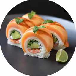 a plate with two rolls on top of it with cucumber and meat