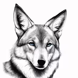 a drawing of a wolf face with blue eyes