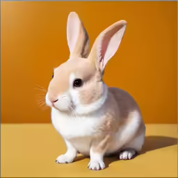 a white and tan rabbit sitting on top of a table