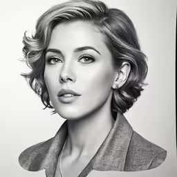 a woman is looking straight ahead in black and white