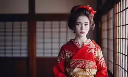 a close up of a woman in a japanese dress