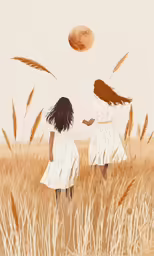 two children stand in the wheat fields with a red object flying above them