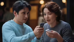 a young man holding a cell phone next to a woman