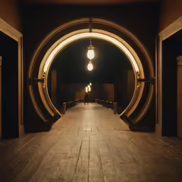 the tunnel has light bulbs on both sides and a long wooden walkway