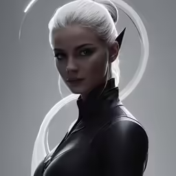 the beautiful young lady in black is wearing a futuristic helmet