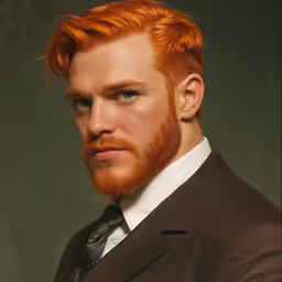 a man with orange hair and a beard in a suit