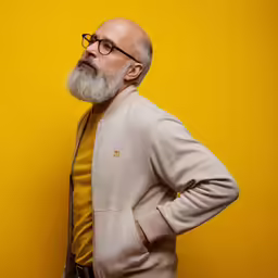 a man with glasses standing against a yellow background
