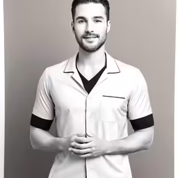 the man is posing for a photo in his white pajamas