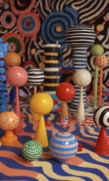 different kinds of glass marbles and striped knobs
