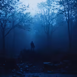 a man standing alone in a foggy forest
