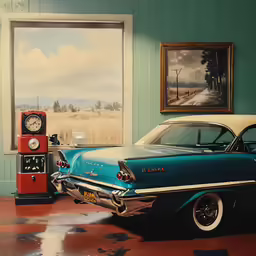 an old car is parked next to a gas pump