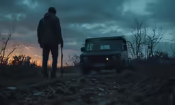 a person with a walking stick by a truck