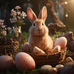 a bunny sitting in a basket full of eggs