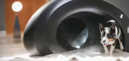 a dog is walking around inside a large blow up tube