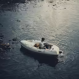 the man is in the small boat on the water