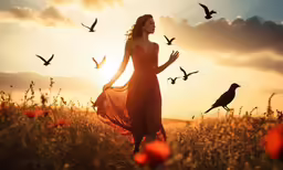 a girl in a long dress and birds over her head