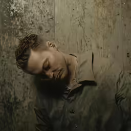 man with down hairs taking a nap against a wall