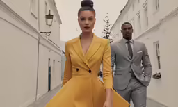 two men and a woman standing in a narrow street