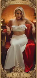 the sexy blonde sits in a chair wearing white clothes