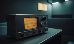 an old radio is on a table in the dark