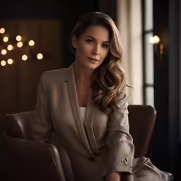 a woman sitting in a chair wearing a suit