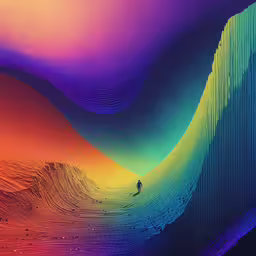 the artist is making an illusion with his own artwork,a man is walking on the beach under a rainbow colored wall