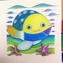 drawing of blue fish on paper with starsfish,a yellow fish with blue eyes is in the water