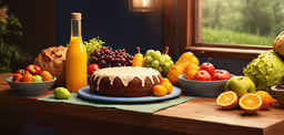 a cake that is on top of a wooden table,a table with a cake, fruit and some oranges